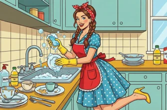Иллюстрация в стиле пин-ап, на которой улыбающаяся девушка в красном фартуке и синем платье в горошек моет посуду в раковине с большим количеством пены. На кухонном столе стоит гора грязной посуды и средства для уборки с надписями на русском языке: "САМОДЕЛЬНОЕ СРЕДСТВО", "МЫЛО", "ЛИМОННЫЙ СОК" и пачка "ПИЩЕВАЯ СОДА".